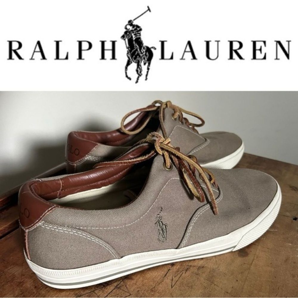 Polo Ralph Lauren Brown Leather Gray Canvas Shoes Men's 11 Good preworn conditio